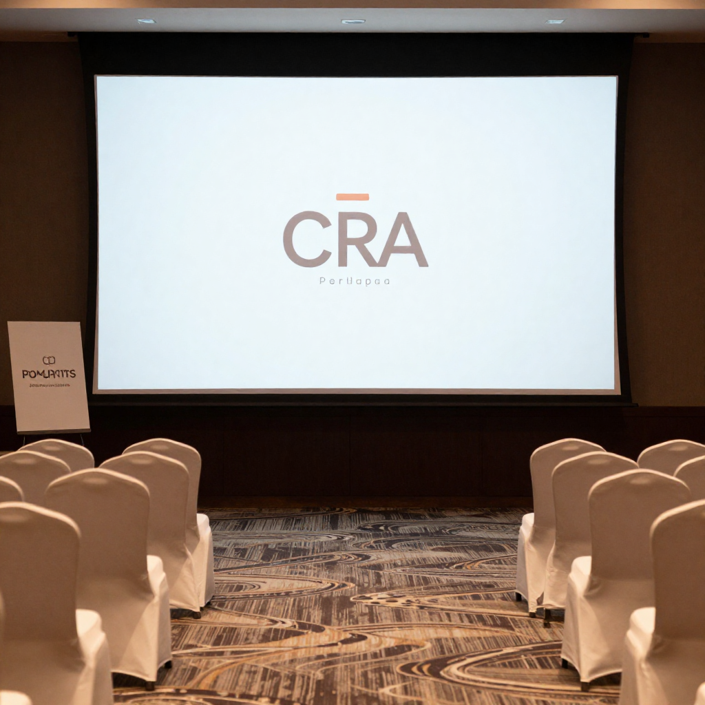 Sleek corporate event backdrop with branded elements