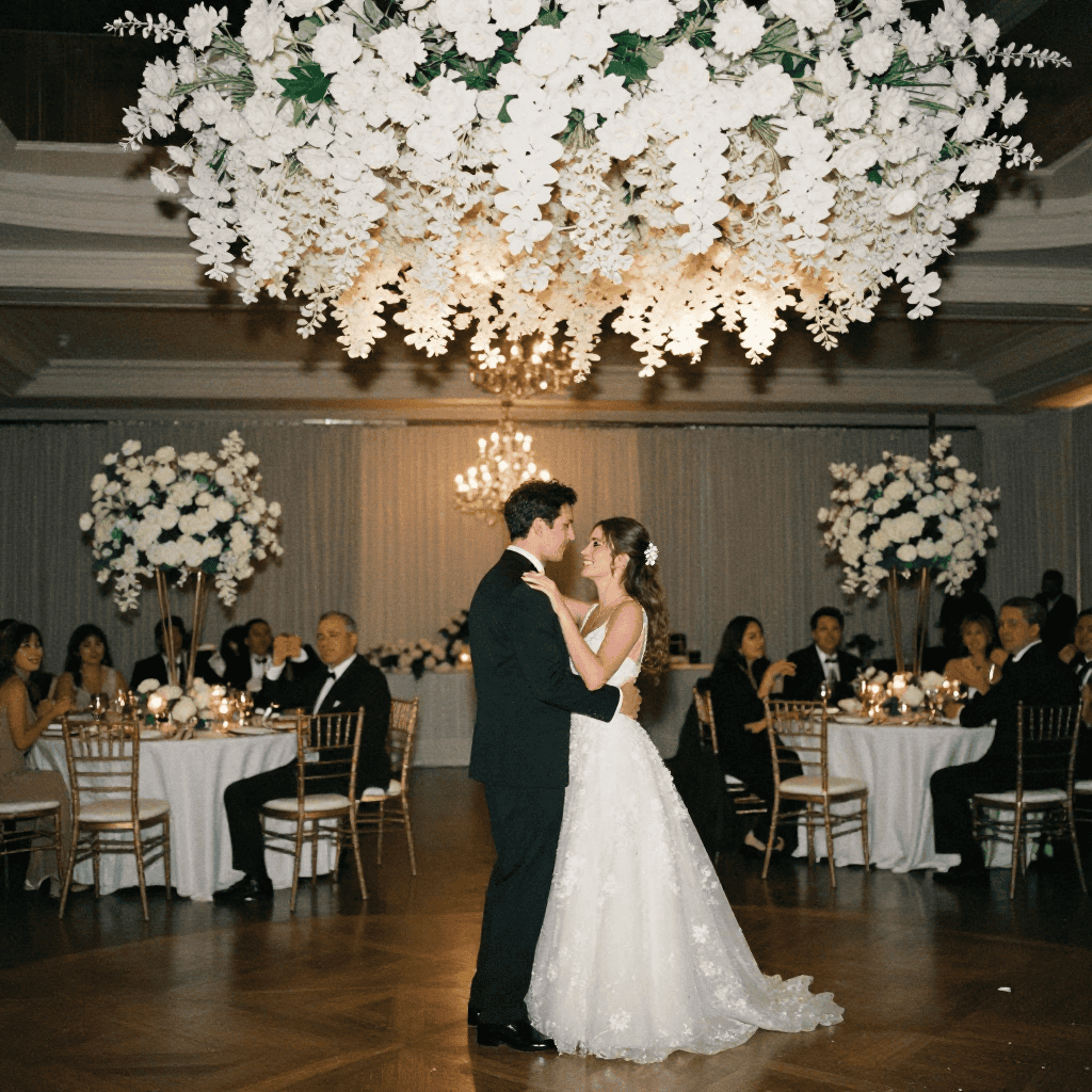 Elegant event decoration with soft lighting and floral arrangements