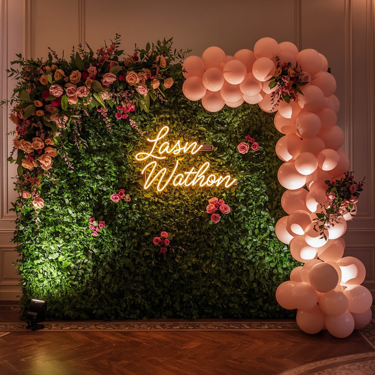 Custom neon sign backdrop with warm ambient lighting